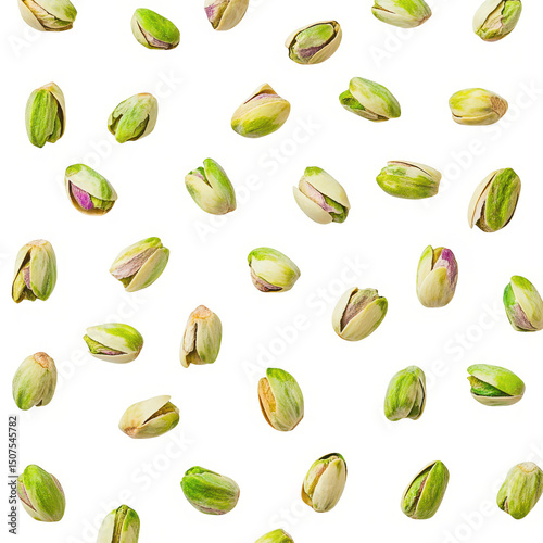 Scattered arrangement of shelled pistachios, top view, on transparent background