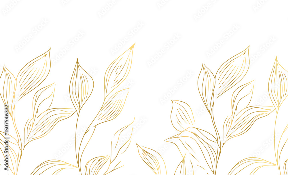 Naklejka premium Gold line leaf art vector pattern background. Art deco plant texture and elegant japanese graphic design. Organic exotic drawing and boho flora garden vector illustration