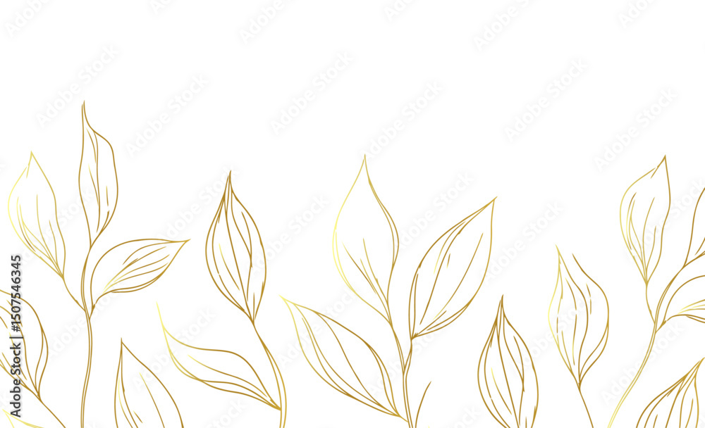 Gold line leaf art vector pattern background. Art deco plant texture and elegant japanese graphic design. Organic exotic drawing and boho flora garden vector illustration