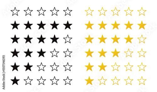 Star rate icons vector set. Star rate flat yellow and black style.