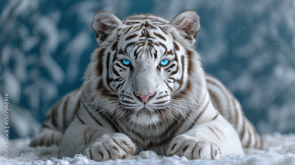 Fototapeta premium White tiger with blue eyes , laying down taking professional photo.