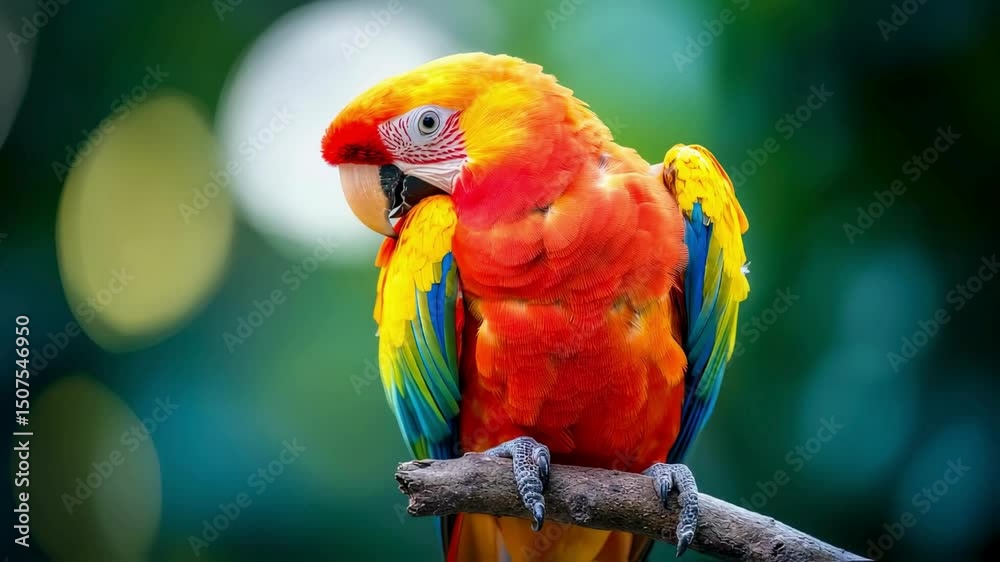 Vibrant Scarlet Macaw Perched on Branch, Tropical Bird Portrait Vibrant Scarlet Macaw Perched on Branch, Tropical Bird Portrait