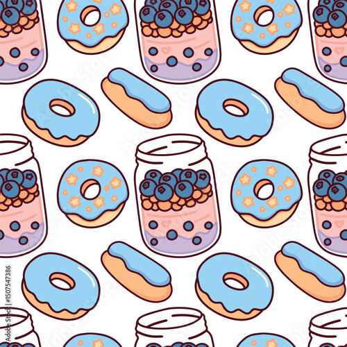Seamless pattern featuring colorful bubble tea cups and glazed donuts on pastel background. Fun and playful food design for packaging, textiles, and cafe branding