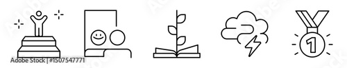 Conjunto de iconos de superación personal. Éxito, autoestima y crecimiento. Persona en la cima. reflejo feliz, libro con planta, cerebro con rayo, medalla de primer lugar. Ilustración vectorial