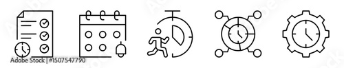 Conjunto de iconos de control del tiempo. Organización, gestión y eficiencia. Lista con reloj, calendario, cronómetro en acción, reloj, productividad. Ilustración vectorial