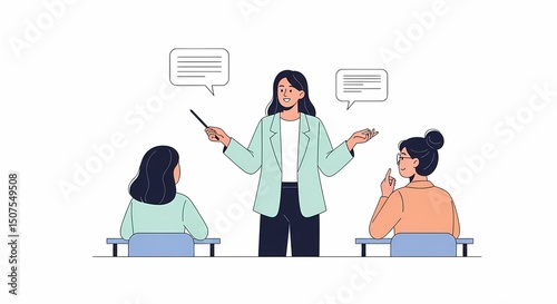 Woman Teaching Students in Class with Speech Bubbles Above Heads