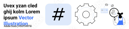 Gear and metadata tag alongside a person examining documents with a magnifying glass. Ideal for technology, analysis, optimization, branding, problem-solving, process, and simple landing page