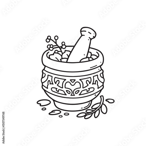 mortar and pestle, herbal medicine, botanical, traditional medicine, herbs, apothecary, hand-drawn, line art, black and white, vintage style, outline drawing, natural remedy, organic, plant-based medi