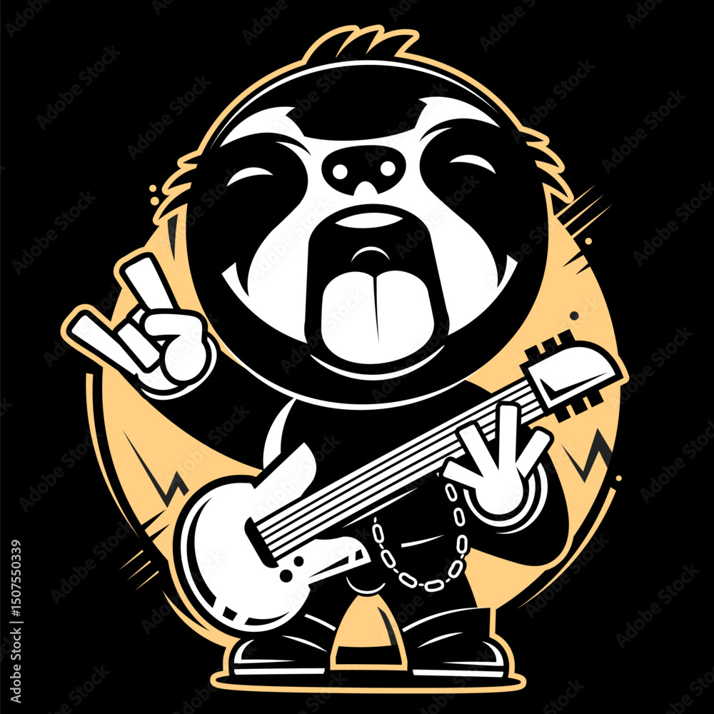 Obraz premium Concept Sloth character playing guitar and singing. This vector illustration features a cute sloth character playing a guitar, designed in a flat, cartoon style. Vector illustration.