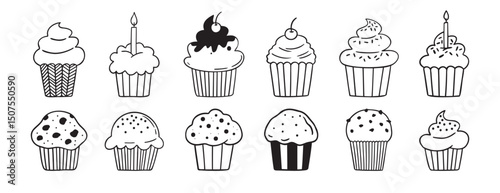 Baked dessert for birthday party muffins or cupcakes doodle hand drawn icon set. Outline drawing line clipart symbol collection
