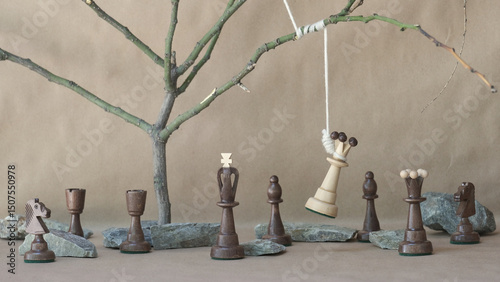 chess piece white queen hanging on noose among black chess pieces