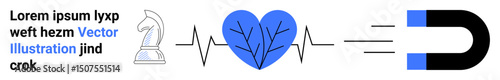 Chess knight, heartbeat with a heart and branching veins, and a magnet. Ideal for strategy, health, love, energy, focus, creativity simple landing page