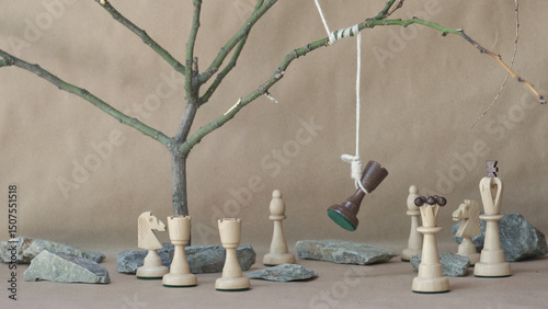chess piece black rook hanging on noose among white chess pieces