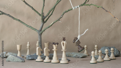 chess piece black knight hanging on noose among white chess pieces