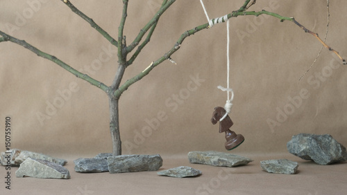 chess piece black knight hanging on noose among stones