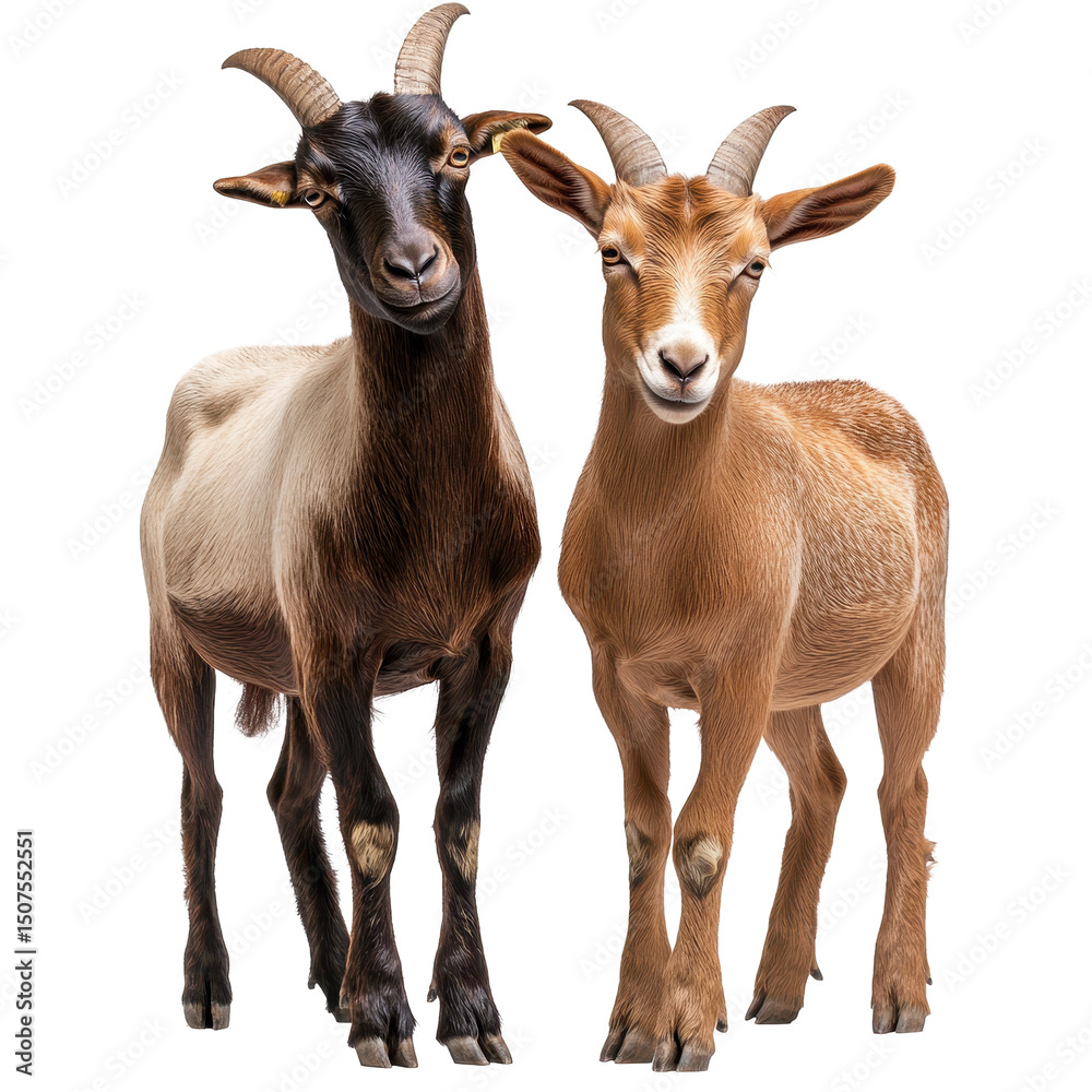 Fototapeta premium Male and female brown goat, The Nubian hornless billy-goat and his daughter, the young horned goat, isolated on transparent background