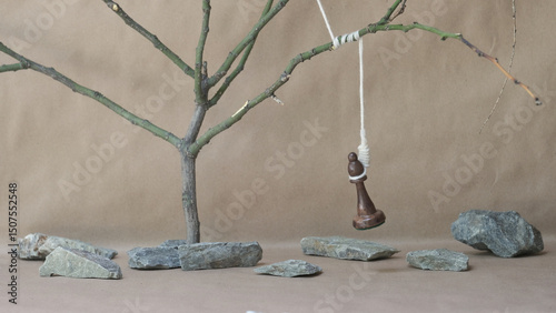 chess piece black bishop hanging on noose among stones