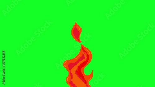Pixel Art Flame Animation on Green Background. Vertical video of pixelated Fire. Retro Military Animation, Ideal for Video Game Projects and Nostalgic Pixel Art Fans