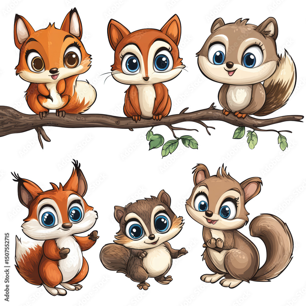 Fototapeta premium Cartoon Forest Animals Clipart, Fox, Owl, Squirrel