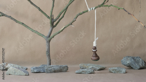 chess piece black pawn hanging on noose among stones