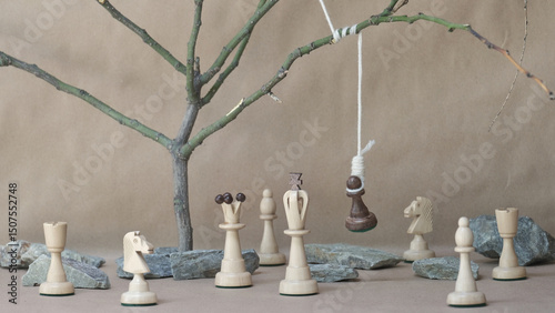 chess piece black pawn hanging on noose among white chess pieces