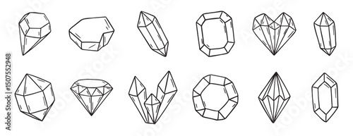 Doodle diamond and crystals doodle hand drawn icon set. Outline drawing line clipart symbol collection