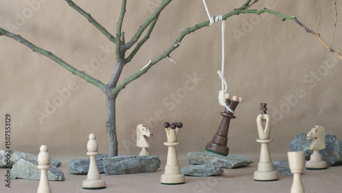 chess piece black queen hanging on noose among white chess pieces