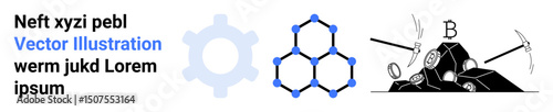 Gear, molecular structure, and mining scene illustrate oil extraction and processing. Ideal for energy, petroleum, industry, engineering, chemistry, mining simple landing page