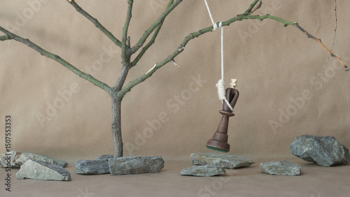 chess piece black king hanging on noose among stones
