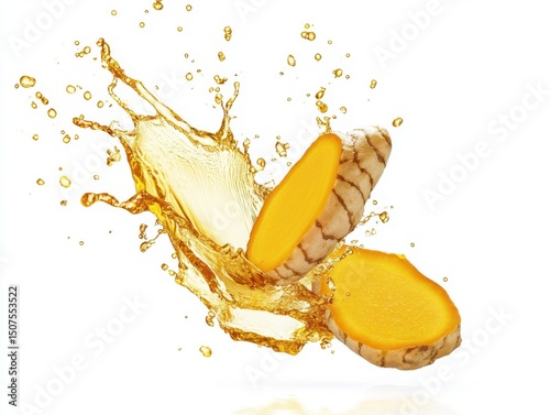 Fresh turmeric root with vibrant splash of golden liquid isolated on white background