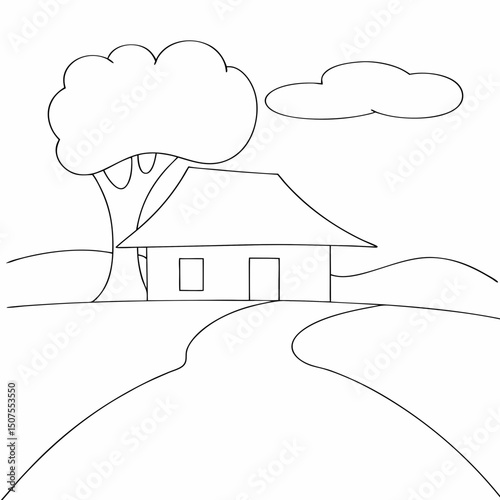 Village house coloring page simple and minimal line art illustration on white background