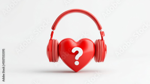 Red heart with headphones and question mark symbolizes love and music connection