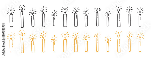 Hanukkah candles doodle hand drawn icon set. Outline Hanukkah candle flame drawing line clipart symbol collection
