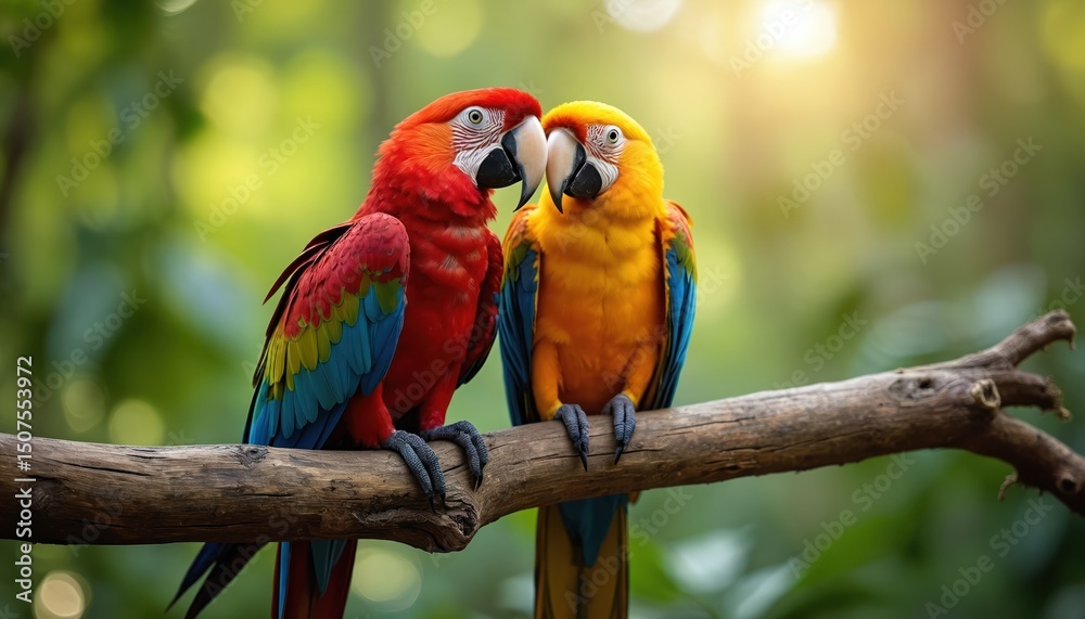 Obraz premium Vibrant pair parrots sit on a tree branch. Red macaw, yellow macaw. Bright plumage, tropical birds in nature. Wildlife, fauna, avian beauty. Exotic species, close-up photo.