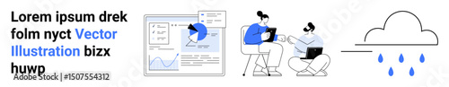 Analytics graph with pie chart and data, two professionals discussing work using laptops, cloud with falling rain. Ideal for analytics, teamwork, technology, productivity, brainstorming, weather