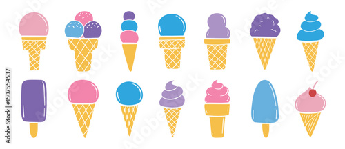 cute ice cream various set. Hand drawn cartoon ice cream colored trendy collection. ice cream clipart illustration