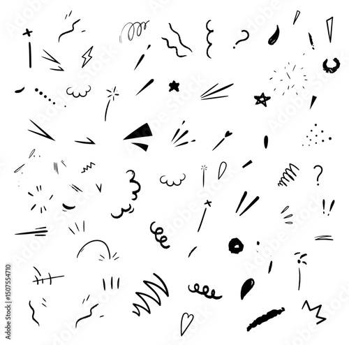 Hand-drawn black notice lines cartoon symbol icon set. Line marker hand drawn brush arrow elements. Sketch pencil stroke vector graphic pen underline scribble icons. Vector illustration