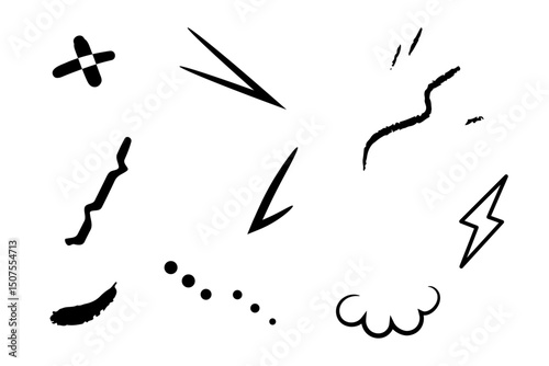 Hand-drawn black notice lines cartoon symbol icon set. Line marker hand drawn brush arrow elements. Sketch pencil stroke vector graphic pen underline scribble icons. Vector illustration