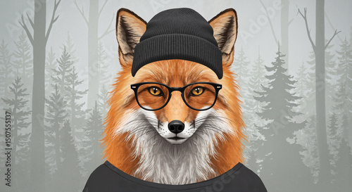 Chic fox in glasses and beanie hat, digital painting with soft brush strokes and muted tones, calm and stylish atmosphere, minimal forest background, artistic composition with personality and flair