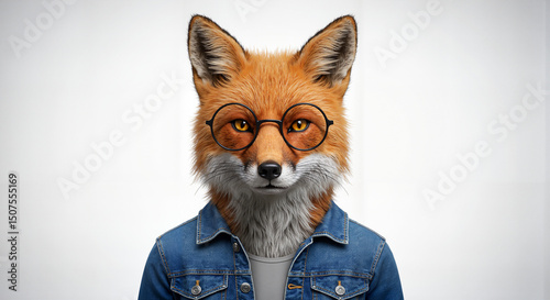 Anthropomorphic hipster fox in denim jacket and glasses, detailed fur and fabric textures under studio lighting with soft shadows, humorous and trendy mood on clean background with copy space