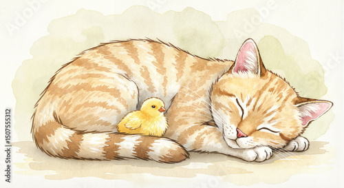 Watercolor painting of sleeping cat with chicks nestled beside, delicate brush strokes and soft earth tones, dreamy and tender mood with focus on warmth and protection, textured paper feel