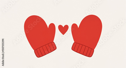 Hand-drawn illustration of red mittens with a heart between them, minimalistic and cute style, warm and loving winter design with copy space