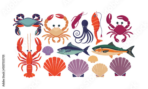 Modern vector illustration featuring a variety of seafood and sea creatures, easily editable and scalable.
