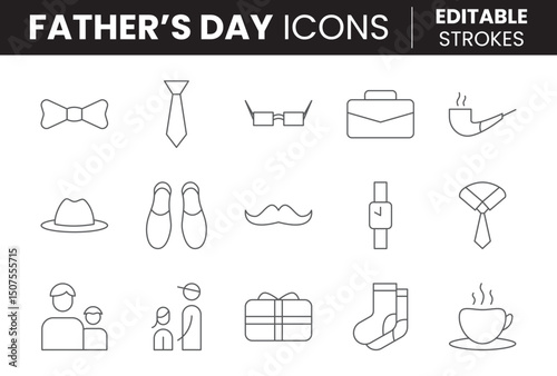 Father’s Day Icon Set – Flat & Line Style, Includes Tie, Mustache, Hat, Tools, Watch, Vector Symbols for Cards, Apps, Posters, UI
