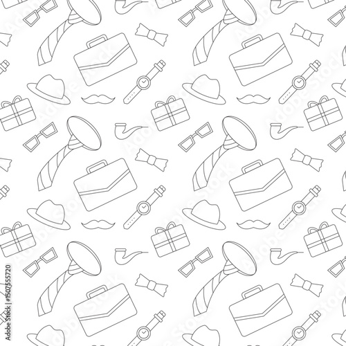Father’s Day Seamless Pattern Hand Drawn Icons – Tie, Mustache, Gift, Tools, Cute Repeat Background for Wrapping Paper & Cards