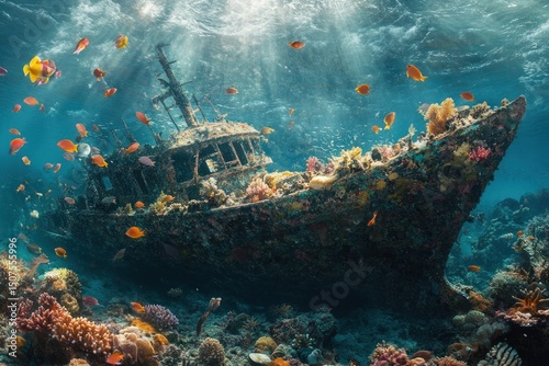 Sunlit wreck, vibrant coral reef teeming with fish photo