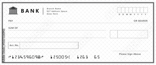 Bank check, vector blank money cheque, checkbook template with guilloche pattern and fields. Currency payment coupon, money check background
