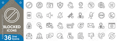 Blocked line icons set. Account, phone call, website, banned, error, warning, caution, content, network, message, user interface, mobile apps, web design and more. Vector illustration
