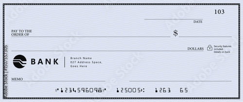 Blue Bank check, vector blank money cheque, checkbook template with guilloche pattern and fields. Currency payment coupon, money check background	