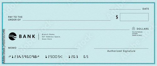 Blue Bank check, vector blank money cheque, checkbook template with guilloche pattern and fields. Currency payment coupon, money check background	